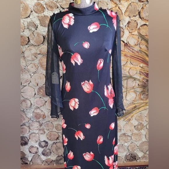 Party Dress, Vintage 1960s, Black Floral maxi, sheer sleeves, polyester US10 - Picture 1 of 2